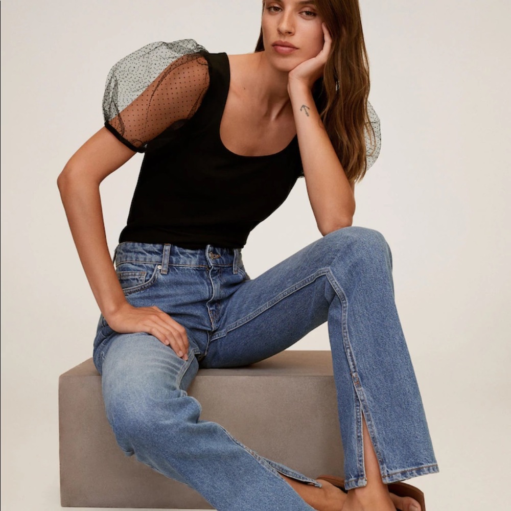 NWT Mango Square Neck Mesh Sheer Puff Sleeve Top - Picture 5 of 9